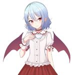  &gt;:) alternate_costume bat_wings blue_hair blush choker closed_mouth cowboy_shot cup dress_shirt frilled_choker frilled_shirt_collar frills hair_between_eyes junior27016 looking_at_viewer no_hat no_headwear pointy_ears puffy_short_sleeves puffy_sleeves red_eyes red_skirt remilia_scarlet shirt short_hair short_sleeves skirt smile solo teacup touhou tsurime v-shaped_eyebrows white_background white_shirt wings wrist_cuffs 