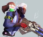  1girl carrying d.va_(gremlin) d.va_(overwatch) face_mask facial_mark gloves gun handheld_game_console highres himouto!_umaru-chan jacket juice_box mask mountain_dew nintendo_3ds overwatch piggyback pilot_suit scar short_hair sly-8 soldier:_76_(overwatch) sparkle upper_body visor weapon white_hair 