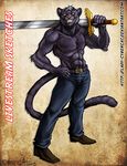  abs anthro clothed clothing cybercat feline fur hair looking_at_viewer male mammal melee_weapon muscular smile solo standing sword weapon 