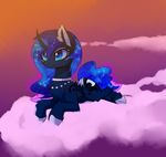  blue_eyes blue_fur cloud cosmic_hair cutie_mark day equine eyelashes female feral friendship_is_magic fur gradient_background hooves horn lying magnaluna mammal my_little_pony nude outside princess_luna_(mlp) simple_background smile winged_unicorn wings 