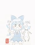  1girl 2016 animal blue_dress blue_hair blush_stickers bow cirno dated directional_arrow dress english frog gensoukoumuten hair_bow hair_ribbon highres holding holding_animal ice ice_wings parody pen pen-pineapple-apple-pen ribbon short_hair signature touhou wings 