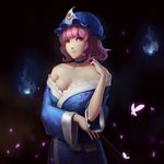  bare_shoulders blue_dress breasts bug butterfly cleavage dress hat highres hitodama holding insect japanese_clothes kimono large_breasts long_sleeves mob_cap petals pink_eyes pink_hair saigyouji_yuyuko sarena short_hair solo touhou triangular_headpiece 