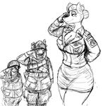  anthro armor beauty_mark big_breasts black_and_white breasts canine cleavage clothed clothing dog donkey equine fangs female group hair hat helmet hladilnik lagomorph male mammal military monochrome pouch rabbit salute smile 