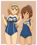  :d bangs blue_swimsuit blush body_blush bouncing_breasts breast_grab breasts brown_background brown_eyes brown_hair capriccyo cardigan character_name commentary_request eyebrows eyebrows_visible_through_hair flat_chest grabbing hair_ornament hairband hairclip happy height_difference high_ponytail highres hips i-26_(kantai_collection) i-401_(kantai_collection) kantai_collection light_brown_eyes light_brown_hair long_hair looking_at_another medium_breasts motion_lines multiple_girls name_tag new_school_swimsuit number off_shoulder old_school_swimsuit one-piece_swimsuit open_cardigan open_clothes open_mouth outside_border parted_bangs ponytail school_swimsuit short_ponytail short_sleeves sidelocks simple_background single_vertical_stripe smile strap_pull swimsuit swimsuit_under_clothes tan taut_clothes twitter_username two-tone_hairband two_side_up undressing 