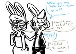  2016 anthro buckteeth chest_tuft clothed clothing crossover dialogue disney duo english_text eyewear fan_character female five_nights_at_freddy&#039;s five_nights_at_freddy&#039;s_2 glasses hand_on_shoulder inkyfrog lagomorph mammal maxine_d&#039;lapin one_eye_closed open_shirt rabbit restricted_palette simple_background teeth text toy_bonnie_(fnaf) tuft video_games white_background zootopia 