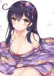  ahoge bangs bare_shoulders black_hair blush breasts brown_eyes cherry_blossoms cleavage collarbone commentary_request eyebrows eyebrows_visible_through_hair floral_print hair_between_eyes hair_ribbon hand_on_thigh japanese_clothes kantai_collection kimono kimono_pull large_breasts long_hair looking_at_viewer petals purple_kimono purple_ribbon ribbon rose_print shiny shiny_skin simple_background sitting smile solo thighs ushio_(kantai_collection) white_background yokozuwari yuzu-aki 
