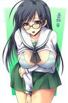  :d ahoge arm_grab bangs bespectacled black-framed_eyewear black_hair blouse blue_eyes blush bra breast_hold breasts character_name cleavage collarbone covered_nipples cowboy_shot eyebrows eyebrows_visible_through_hair girls_und_panzer glasses green_background green_bra green_skirt isuzu_hana large_breasts long_hair long_sleeves looking_at_viewer miniskirt neckerchief ooarai_school_uniform open_mouth outside_border pleated_skirt school_uniform serafuku shinshin skirt smile solo standing striped striped_bra twitter_username underwear white_blouse 