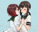  black_hair brown_hair closed_eyes face-to-face food fubuki_(kantai_collection) gradient_hair holding_hands interlocked_fingers kantai_collection looking_at_another multicolored_hair multiple_girls mutsuki_(kantai_collection) petals pocky pocky_kiss red_hair school_uniform serafuku shared_food short_hair upper_body wataro_(watawatawatapon) yuri 