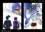  2girls arms_up back bad_id bad_pixiv_id bangs belt bike_shorts black_shorts blue_eyes blue_hair blunt_bangs border chibi closed_eyes comic crying domino_mask fangs gloom_(expression) hair_slicked_back hand_on_own_face hand_to_own_mouth hat holding inkling long_hair long_sleeves mask multiple_girls phone pointy_ears purple_hair scrunchie shirt shirt_lift short_hair shorts splatoon_(series) splatoon_1 sweatdrop t-shirt tears tentacle_hair topknot translation_request wiping_tears yuitanpo 