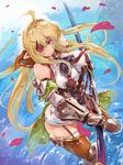  armor armored_dress armpits blonde_hair blush breasts denizen_tomo elf eyepatch highres large_breasts long_hair looking_at_viewer original pointy_ears purple_eyes solo sword thighhighs water weapon 