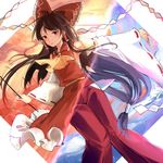  armpits ascot bow brown_hair detached_sleeves gohei hair_bow hair_tubes hakurei_reimu hakurei_reimu_(pc-98) highres holding japanese_clothes long_hair long_sleeves nontraditional_miko pants purple_hair red_bow red_eyes red_pants red_skirt ribbon-trimmed_sleeves ribbon_trim sarashi skirt skirt_set solo touhou touhou_(pc-98) transformation very_long_hair wide_sleeves yellow_neckwear yorktown_cv-5 