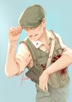  adjusting_clothes adjusting_hat ajin_(sakurai_gamon) artist_name assault_rifle blood bloody_clothes closed_eyes flat_cap grey_hair grin gun hat male_focus rifle rynisyou satou_(ajin) signature sleeves_rolled_up smile solo upper_body vest weapon 