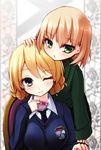  blonde_hair blue_eyes blue_sweater braid chair cup darjeeling dress_shirt girls_und_panzer green_jacket highres jacket katyusha long_sleeves multiple_girls pravda_school_uniform red_shirt school_uniform shirt short_hair st._gloriana's_school_uniform sweater teacup tied_hair tukiyofree turtleneck twin_braids v-neck white_shirt 