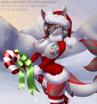  2016 anthro areola big_breasts black_hair black_skin breasts candy candy_cane christmas clothed clothing female fish food hair hat holidays jackalope_(artist) looking_at_viewer mammal marine mountain nipples orange_eyes outside pink_nipples popcornpanic red_eyes red_hair red_skin santa_hat shark smile snow solo stripes suggestive tattoo tree 