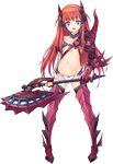  alisia_heart aquaplus armor armored_boots axe bikini_armor blue_eyes boots bow bow_panties dungeon_travelers_2 fingerless_gloves flat_chest full_body gloves highres holding holding_axe kawata_hisashi long_hair looking_at_viewer navel official_art open_mouth panties red_hair solo transparent_background underwear white_panties 