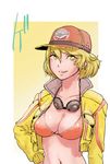  blonde_hair bra breasts cidney_aurum cleavage covered_nipples cropped_jacket final_fantasy final_fantasy_xv gesundheit_(artist) green_eyes hat jacket large_breasts looking_at_viewer navel open_clothes open_jacket popped_collar smile solo stomach underwear upper_body 