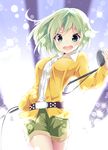 absurdres alternate_costume bad_id bad_pixiv_id belt buttons commentary_request green_eyes green_hair green_shorts highres holding jacket komeiji_koishi long_sleeves looking_at_viewer microphone_stand no_hat no_headwear open_mouth sakakiba_misogi short_hair shorts solo teeth touhou yellow_jacket 