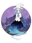  blood bloody_weapon blue_cape blue_neckwear cape ghost_tail green_eyes green_hair head_scarf highres holding holding_sword holding_weapon ko_kita long_hair long_sleeves mima necktie sky solo star_(sky) starry_sky sun_(symbol) sword touhou touhou_(pc-98) weapon 