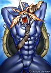  abs artist_name blue_background dated digimon digimon_adventure furry green_eyes karabiner male_focus open_mouth solo teeth tongue zudomon 