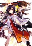  1girl absurdres black_hair breasts brown_eyes brown_hair butterfly_hair_ornament detached_sleeves dress fujima_takuya hair_ornament hair_over_one_eye highres holding holding_sword holding_weapon leg_up looking_at_viewer neck_ribbon orange_ribbon red_ribbon ribbon scan see-through_silhouette shuuen_sekai_no_rebellion side_ponytail small_breasts spiked_hair sword thighhighs uniform weapon white_legwear 