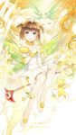  1girl angel_wings blush breasts brown_hair cardcaptor_sakura detached_sleeves ekita_xuan flower fuuin_no_tsue green_eyes hair_ornament hair_scrunchie hat highres kero kinomoto_sakura long_hair no_socks puffy_detached_sleeves puffy_sleeves scrunchie shoes small_breasts smile stick stuffed_toy wind windy_(clow_card) wings wrist_scrunchie 