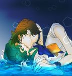  bishoujo_senshi_sailor_moon blue_background blue_bow blue_choker blue_sailor_collar bow brown_hair choker circlet closed_eyes couple gloves gradient gradient_background green_hair kaiou_michiru kiss kobeya_(tonari_no_kobeya) lying multiple_girls profile sailor_collar sailor_neptune sailor_senshi_uniform sailor_uranus short_hair ten'ou_haruka upper_body very_short_hair water white_gloves wrist_grab yellow_bow yuri 