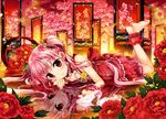  absurdres ankle_cuffs barefoot breasts cleavage dress eyebrows eyebrows_visible_through_hair flower fujima_takuya highres long_hair lying on_side on_stomach original petals pink_flower pink_hair red_dress red_eyes red_flower reflecting_pool scan sleeveless sleeveless_dress small_breasts smile solo the_pose tree twintails wrist_cuffs 