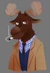  2016 anthro cervine cigarette clothed clothing disney fan_character grey_background male mammal maurice_fournier mistermead moose simple_background smoking solo zootopia 