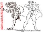  3_heads anthro bikini canine clothed clothing cybercat duo female looking_at_viewer mammal melee_weapon monochrome multi_head polearm smile spear standing swimsuit weapon 