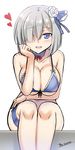  alternate_costume bare_shoulders bikini blue_bikini blue_eyes blush breast_press breasts cleavage collarbone detached_collar flower front-tie_top hair_flower hair_ornament hair_over_one_eye hamakaze_(kantai_collection) head_rest heart highres kantai_collection large_breasts leaning_forward looking_at_viewer micro_bikini midriff navel open_mouth short_hair sideboob silver_hair sitting solo spoken_heart swimsuit the-sinner thigh_strap underboob 