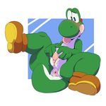  abstract_background animal_genitalia anthro anus blush bobbibum clothing drooling erection footwear front-view genital_slit geometric_background male mario_bros mostly_nude nintendo one_leg_up penis precum reclining saliva scalie shoes slit solo spread_legs spreading sweat sweatdrop tapering_penis tongue tongue_out video_games yoshi 