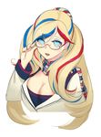  adjusting_eyewear amber_(5_22_lili) anchor_hair_ornament bespectacled blonde_hair blue_eyes blue_hair breasts cleavage commandant_teste_(kantai_collection) glasses hair_ornament hairclip kantai_collection large_breasts long_hair long_sleeves looking_at_viewer multicolored_hair nail_polish no_hat no_headwear open_mouth red_hair solo streaked_hair sweatdrop 