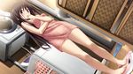  amatsutsumi barefoot bathroom_scale blush brown_hair dutch_angle game_cg hand_to_own_mouth indoors koku long_hair naked_towel official_art open_mouth oribe_kokoro pink_towel red_eyes solo standing towel weighing_scale 