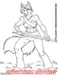  anthro canine clothed clothing cybercat female looking_at_viewer mammal melee_weapon monochrome open_mouth smile solo standing sword weapon 