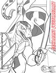  anthro clothed clothing cybercat forked_tongue male melee_weapon monochrome muscular open_mouth reptile scalie snake solo standing sword tongue weapon 