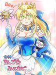  1girl =3 adapted_costume agravain_(fate/grand_order) ahoge artoria_pendragon_(all) artoria_pendragon_(lancer) black_hair blonde_hair blue_legwear blush breasts bridal_gauntlets cape chibi cleavage covered_navel cowboy_shot crown detached_collar elbow_gloves fate/grand_order fate/kaleid_liner_prisma_illya fate_(series) fur_trim gloves green_eyes hair_slicked_back hand_on_hip holding jaku_711 large_breasts long_hair looking_at_viewer magical_girl magical_ruby navel showgirl_skirt sleeveless sweatdrop thighhighs translation_request white_background 