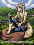  anthro canine clothed clothing cybercat female fur hair mammal melee_weapon outside sitting smile solo sword topless weapon 