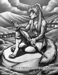  anthro canine clothed clothing cybercat female fur hair mammal melee_weapon monochrome outside sitting smile solo sword topless weapon 