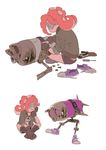  bad_id bad_tumblr_id bomber_jacket boots breastplate brown_gloves chin_rest gloves goggles highres jacket katou_(osoraku) midriff multiple_views octarian octoling octopod red_hair screw shoes short_hair shorts simple_background smile sneakers splatoon_(series) takozonesu white_background wrench 