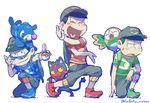  &gt;_&lt; animal animal_on_head animal_on_shoulder backpack bag blush_stickers brothers capri_pants closed_eyes color_connection cosplay funuyu gen_7_pokemon heart heart_in_mouth holding holding_poke_ball litten matsuno_choromatsu matsuno_karamatsu matsuno_osomatsu multiple_boys on_head one_knee osomatsu-kun osomatsu-san pants pointing pointing_at_viewer poke_ball poke_ball_(generic) pokemon pokemon_(creature) pokemon_(game) pokemon_on_head pokemon_on_shoulder pokemon_sm popplio rowlet shirt shoes siblings simple_background smile sneakers striped striped_shirt sunglasses sweatdrop t-shirt twitter_username white_background you_(pokemon) you_(pokemon)_(cosplay) z-move z-ring 