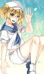  blonde_hair dress hand_up kaede_(mmkeyy) kitashirakawa_chiyuri open_mouth sailor_dress shorts solo star touhou touhou_(pc-98) yellow_eyes 