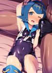  1girl arm_behind_head arm_up bed_sheet blue_eyes blue_hair blue_sailor_collar blush breasts bright_pupils cameltoe commentary_request covered_navel erection erection_under_clothes hairband handjob handjob_over_clothes hetero highres looking_at_viewer lying male_swimwear on_back one-piece_swimsuit one_eye_closed open_mouth penis pokemon pokemon_(game) pokemon_sm sailor_collar satou_kuuki see-through shiny shiny_clothes shiny_hair shirt short_hair skin_tight sleeveless small_breasts smile solo_focus suiren_(pokemon) swim_briefs swimsuit swimsuit_under_clothes swimwear trial_captain wet wet_clothes wet_shirt 