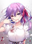  1girl :d bangs blood_on_fingers bow breasts collared_dress commentary_request dress fate/stay_night fate_(series) glitch hair_between_eyes hair_bow head_tilt heaven&#039;s_feel heterochromia long_hair matou_sakura medium_breasts open_mouth puffy_short_sleeves puffy_sleeves purple_eyes purple_hair red_bow red_eyes shikitani_asuka short_sleeves smile solo white_dress 