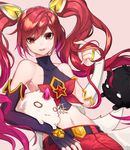  :3 bare_shoulders elbow_gloves familiar fang fingerless_gloves flat_chest gloves hair_ornament horn hoshi_usagi jinx_(league_of_legends) league_of_legends long_hair looking_at_viewer midriff navel open_mouth playing_with_own_hair red_eyes red_hair solo star_guardian_jinx twintails 