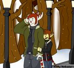  anthro clothed clothing colored cuntboy digital_media_(artwork) duo english_text forest fur hair intersex lobax male mammal modern notkastar_(artist) park sketch smile snow street_lamp text trail tree white_fur winter 