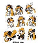  1girl anger_vein artist_name bangs blunt_bangs character_name closed_mouth domino_mask eating expressions fangs flying_sweatdrops food headphones headwear_removed highres hood hoodie inkling jacket light_smile long_hair long_sleeves mask monochrome multiple_views off_shoulder open_mouth orange_eyes orange_hair pointy_ears pudding pudding_(zoza) signature singlet splatoon_(series) splatoon_1 squidbeak_splatoon surprised tank_top tearing_up tentacle_hair very_long_hair yellow zoza 