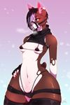  2016 anthro black_nose breasts brown_fur camel_toe canine clothed clothing colored_nails dog ear_piercing eyelashes female fingerless_gloves fur gloves hair hair_over_eye hand_on_hip looking_at_viewer mammal missaka muzzle_(object) muzzled navel nipple_bulge piercing purple_hair red_eyes red_nails signature simple_background skimpy small_breasts solo standing white_fur wide_hips 
