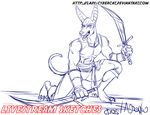  anthro blue_theme canine clothing cybercat jackal loincloth looking_at_viewer machete male mammal melee_weapon muscular open_mouth sketch solo weapon 