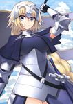  armor armored_dress blonde_hair blue_eyes braid breasts capelet closed_mouth cloud cloudy_sky commentary_request cowboy_shot day fate/apocrypha fate_(series) flag gauntlets headpiece highres jeanne_d'arc_(fate) jeanne_d'arc_(fate)_(all) long_hair looking_at_viewer medium_breasts panties pantyshot pantyshot_(standing) scabbard sheath shunichi single_braid sky smile solo standing sword underwear very_long_hair weapon white_panties 