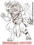  3_heads anthro caprine clothing cybercat dagger feline goat hybrid lion loincloth male mammal melee_weapon monochrome multi_head muscular open_mouth reptile scalie snake solo standing weapon 